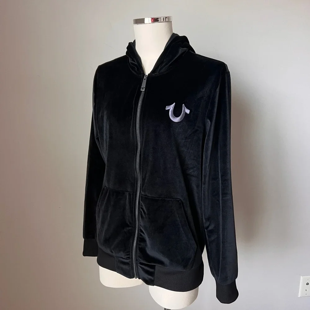 True Religion‎ Mens Black Velour Zip Up Hoodie Horseshoe Velvet Logo Black NWOT